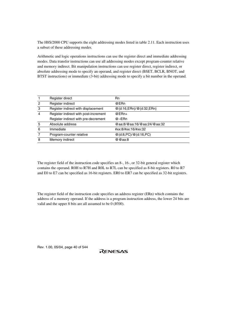 1 register direct—rn, 2 register indirect—@ern | Renesas H8S/2111B User Manual | Page 74 / 582