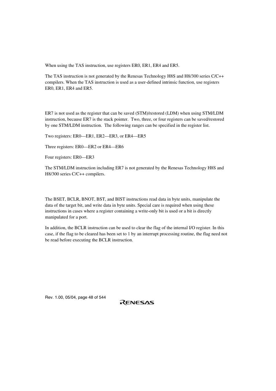 9 usage notes, 1 note on tas instruction usage, 2 note on stm/ldm instruction usage | 3 note on bit manipulation instructions | Renesas H8S/2111B User Manual | Page 82 / 582