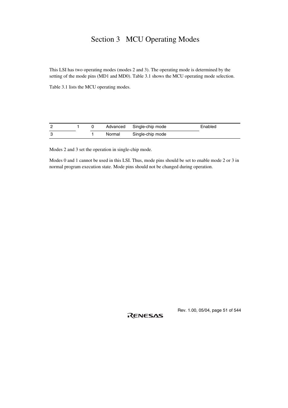 Section 3 mcu operating modes, 1 mcu operating mode selection | Renesas H8S/2111B User Manual | Page 85 / 582