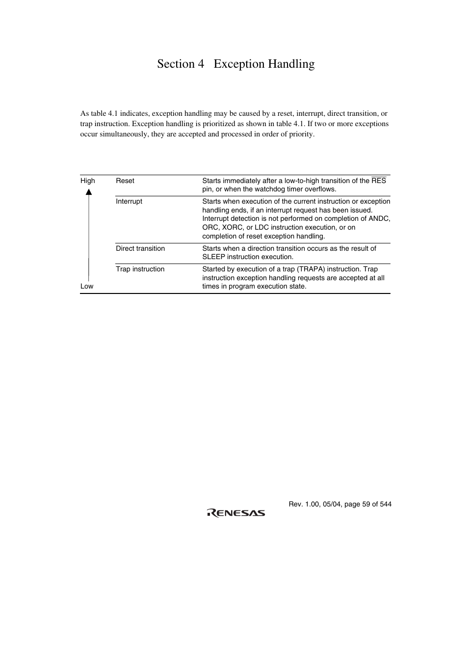 Section 4 exception handling, 1 exception handling types and priority | Renesas H8S/2111B User Manual | Page 93 / 582