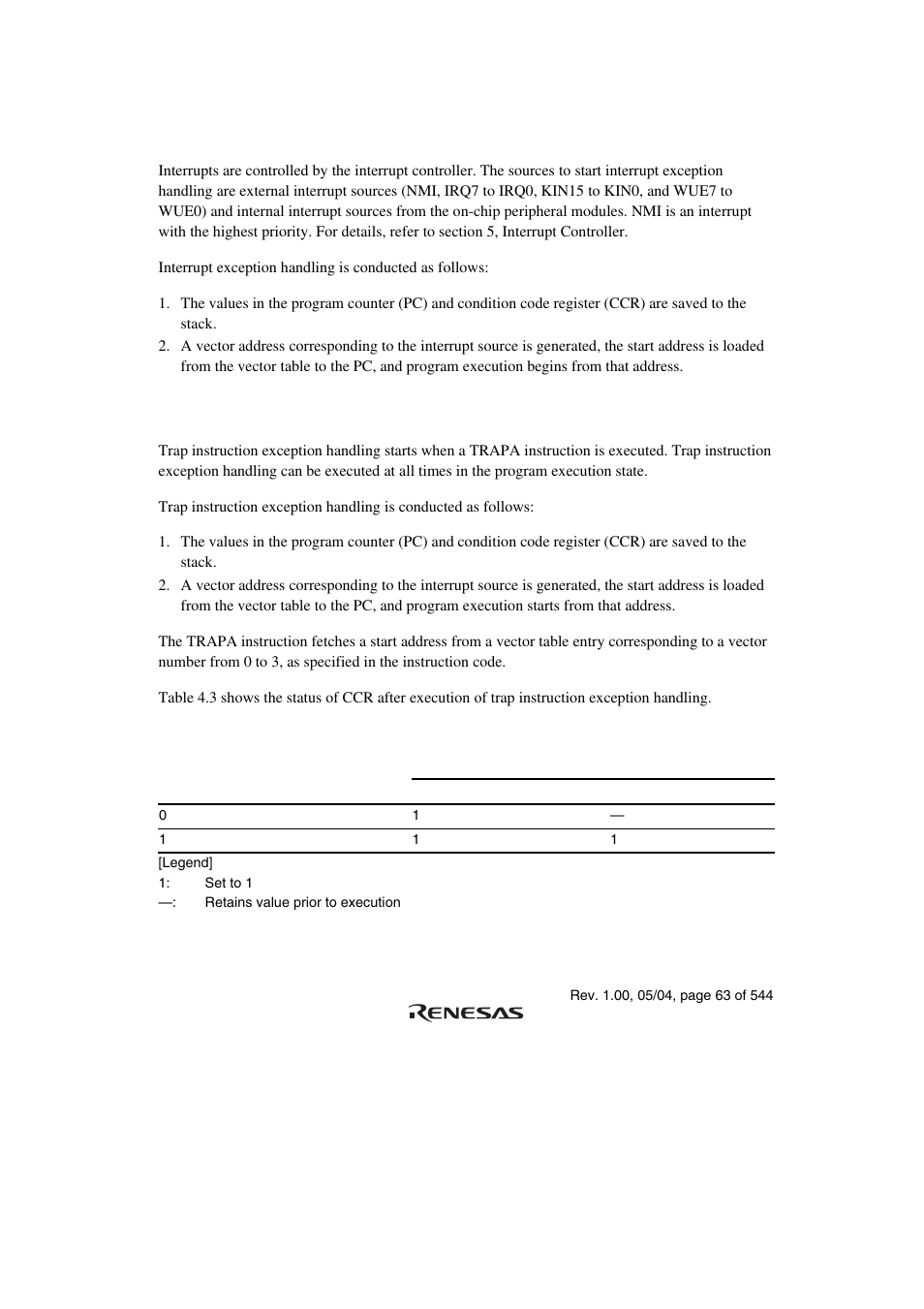 4 interrupt exception handling, 5 trap instruction exception handling | Renesas H8S/2111B User Manual | Page 97 / 582
