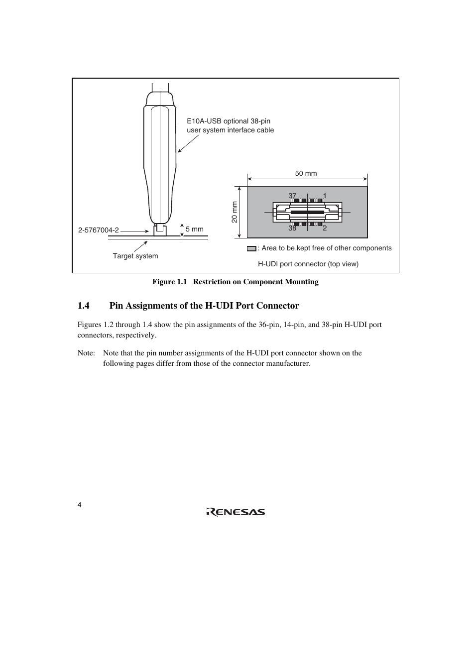 4 pin assignments of the h-udi port connector | Renesas Emulator System SH7362 User Manual | Page 12 / 66