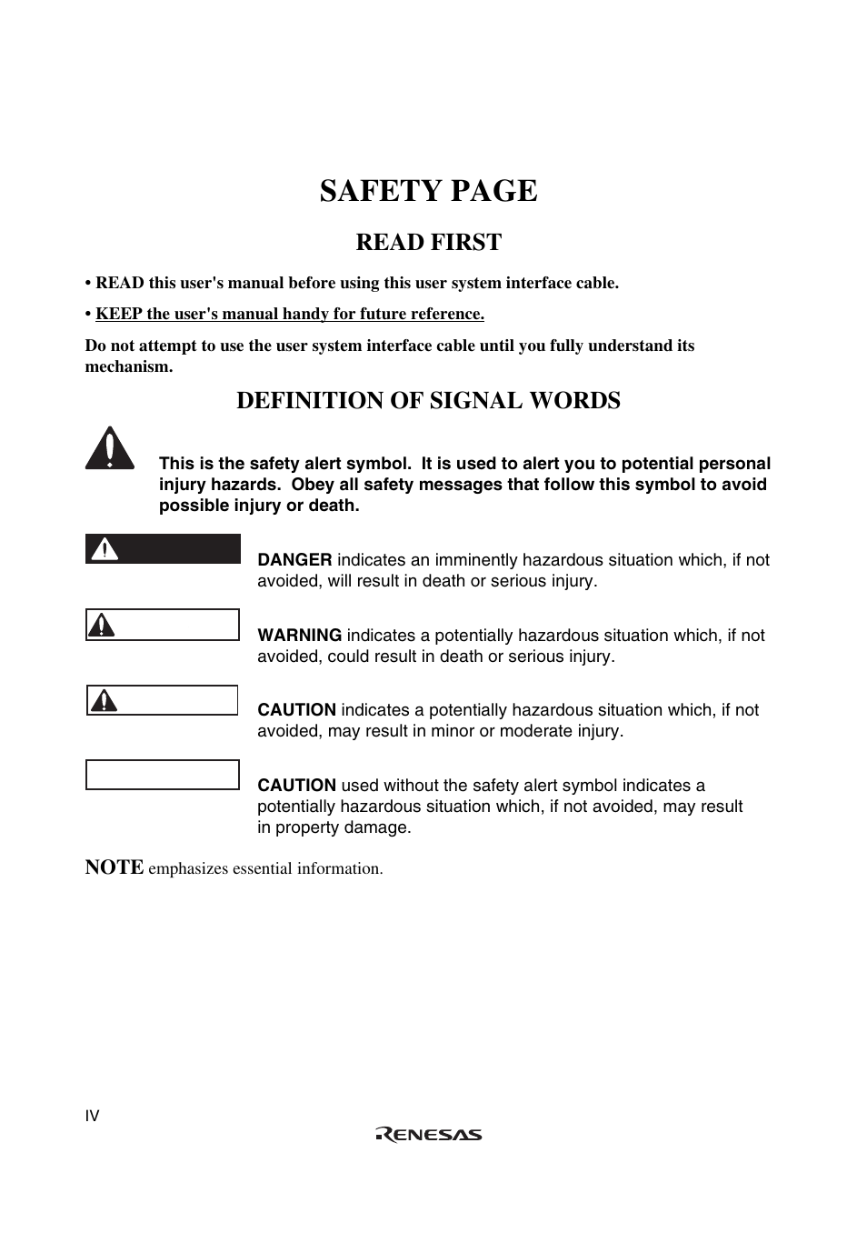 Safety page, Read first, Definition of signal words | Warning, Danger, Caution | Renesas H8/3062 User Manual | Page 10 / 34
