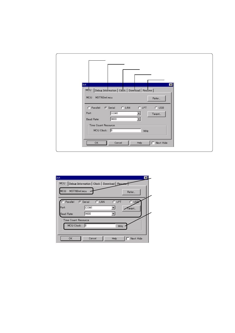 1) setting mcu tab | Renesas Emulation Pod M37760T-RPD-E User Manual | Page 38 / 66