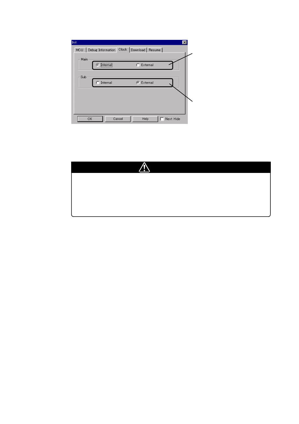 2) setting clock tab, Caution | Renesas Emulation Pod M37760T-RPD-E User Manual | Page 39 / 66