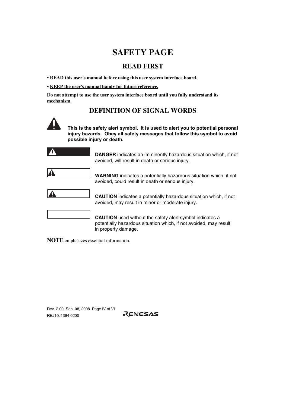 Safety page, Read first, Definition of signal words | Warning, Danger, Caution | Renesas H8SX/1651 User Manual | Page 10 / 38