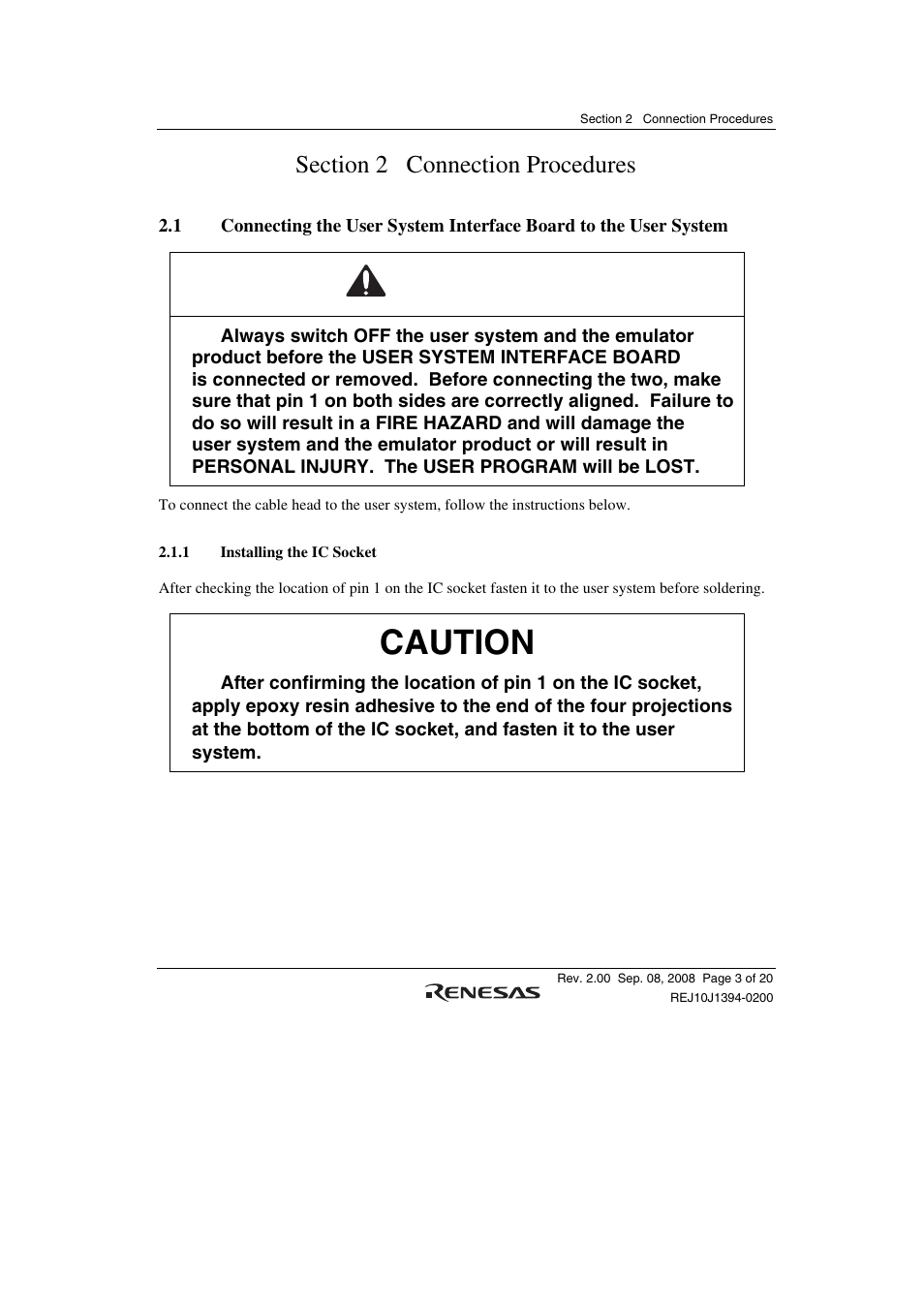Section 2 connection procedures, 1 installing the ic socket, Caution | Warning | Renesas H8SX/1651 User Manual | Page 17 / 38