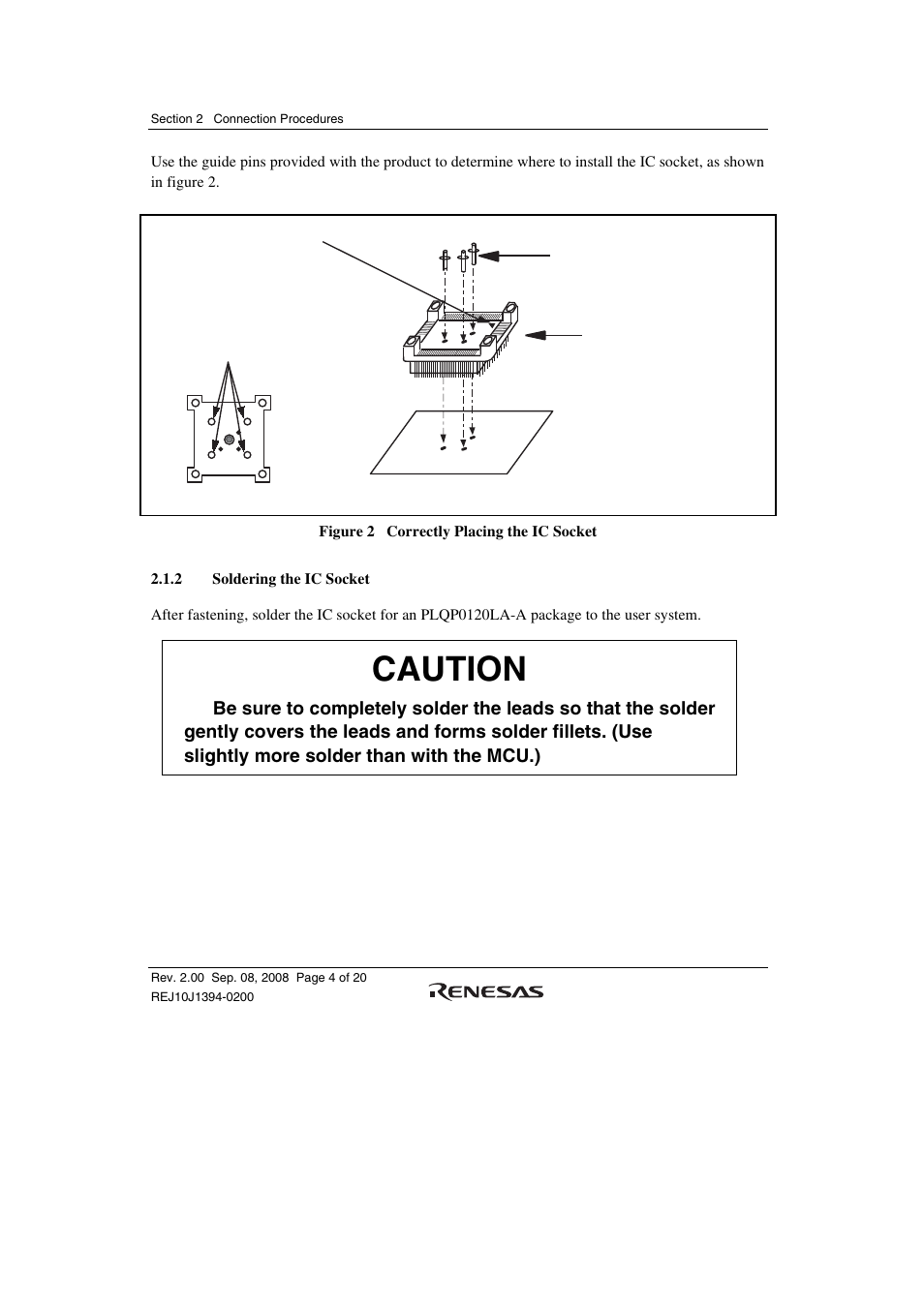 2 soldering the ic socket, Caution | Renesas H8SX/1651 User Manual | Page 18 / 38