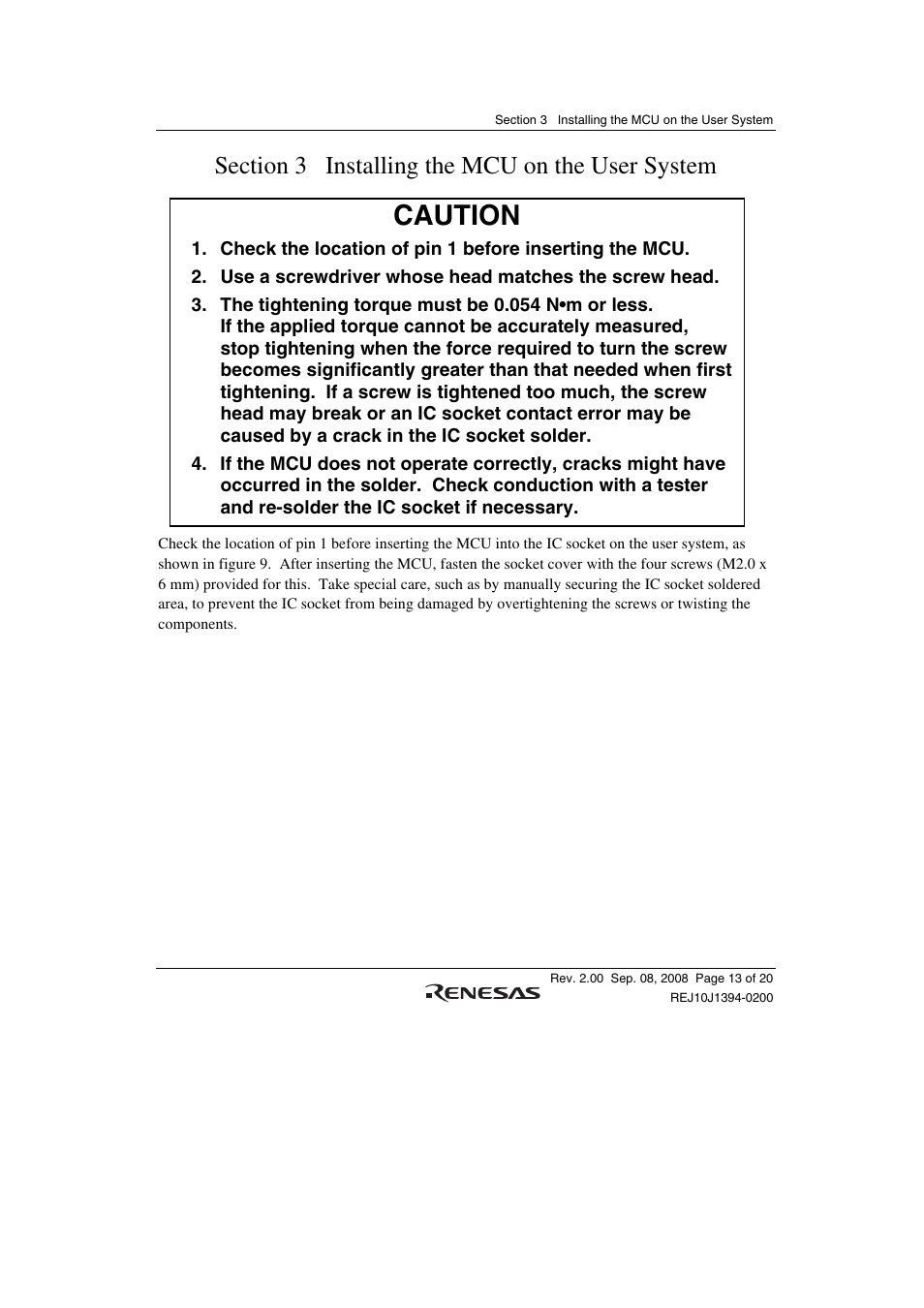 Section 3 installing the mcu on the user system, Caution | Renesas H8SX/1651 User Manual | Page 27 / 38