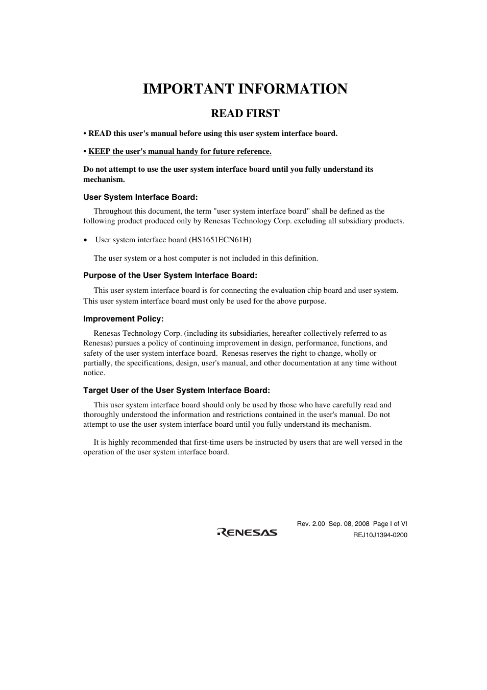 Important information, Read first | Renesas H8SX/1651 User Manual | Page 7 / 38
