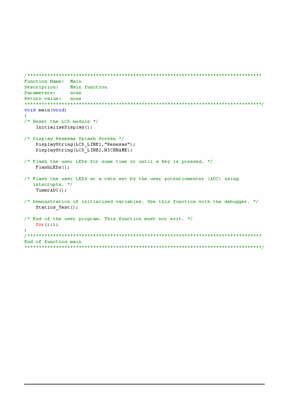 Main tutorial code (main.c / main.h) | Renesas M16C/26A User Manual | Page 20 / 23