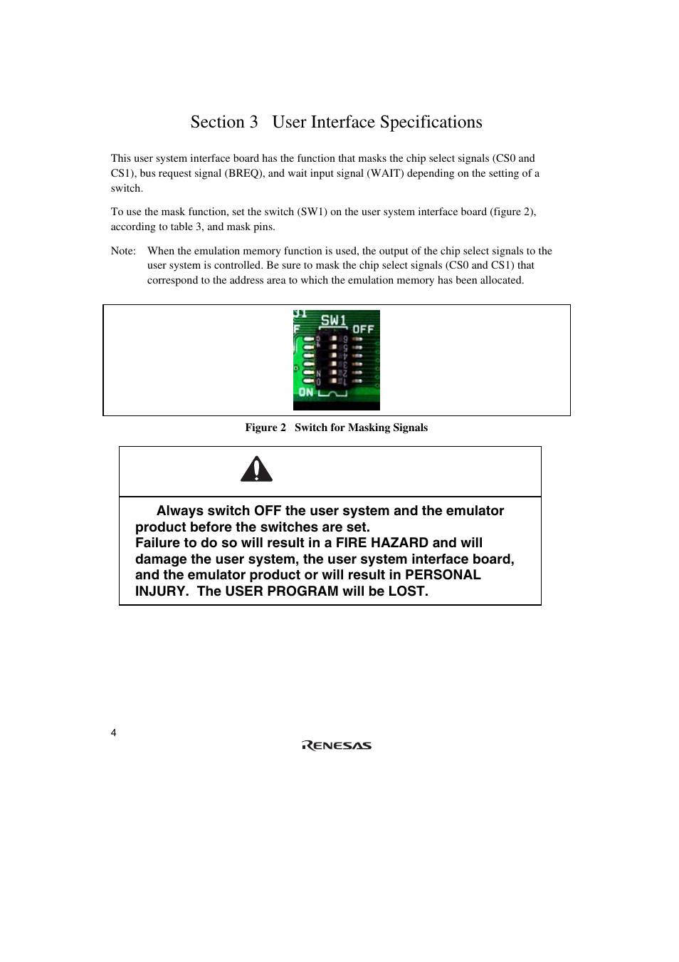 Section 3 user interface specifications, Warning | Renesas R0E571370CFK00 User Manual | Page 22 / 42