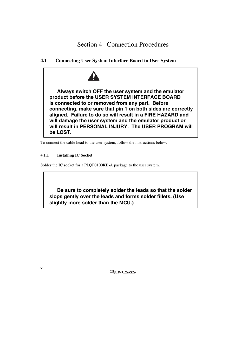 Section 4 connection procedures, 1 installing ic socket, Warning | Caution | Renesas R0E571370CFK00 User Manual | Page 24 / 42