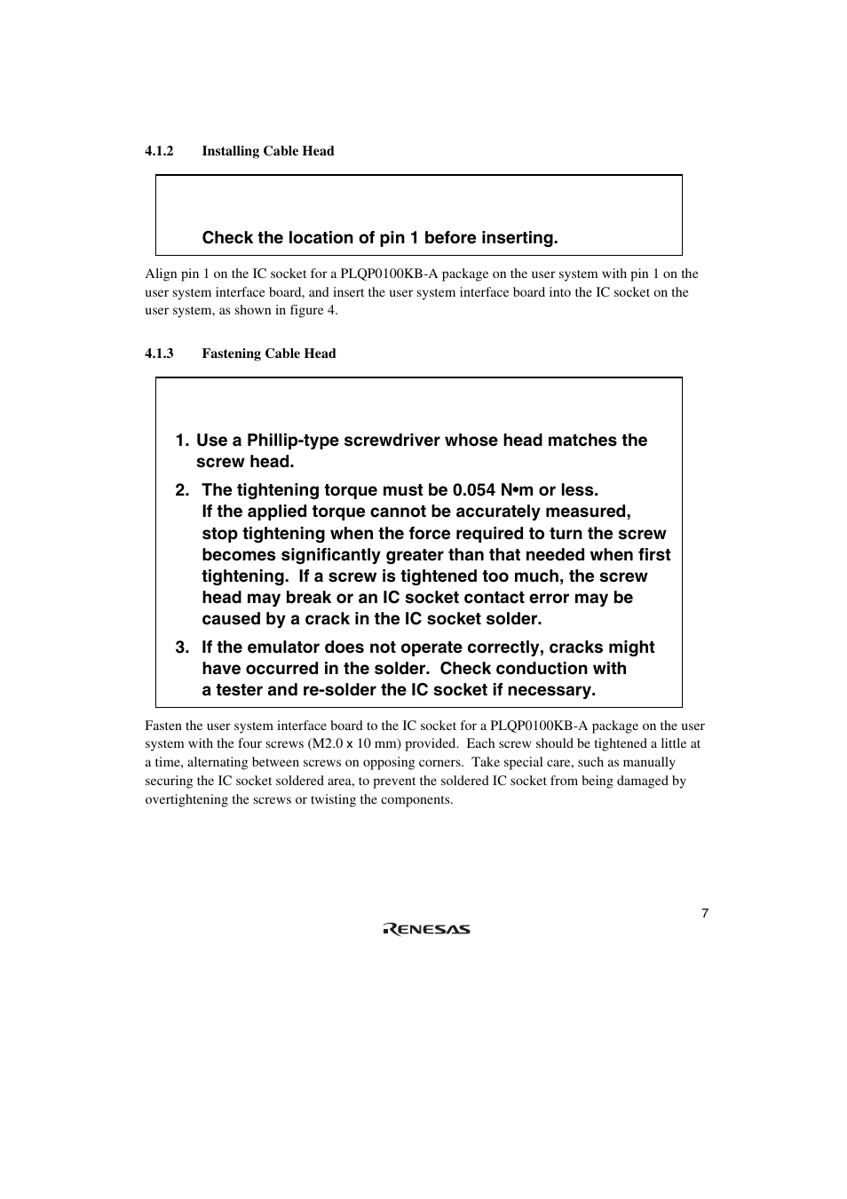 2 installing cable head, 3 fastening cable head, Caution | Renesas R0E571370CFK00 User Manual | Page 25 / 42