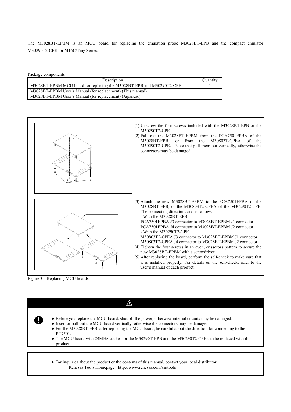 Outline, Components, Replacing mcu boards | Precautions for safety, Caution, Cautions to be taken for handling this product | Renesas M3028BT-EPBM User Manual | Page 4 / 4