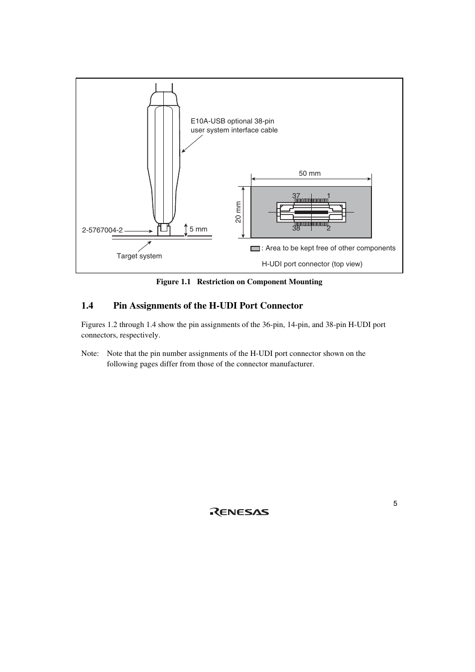 4 pin assignments of the h-udi port connector | Renesas SuperH HS0720KCU01HE User Manual | Page 11 / 54