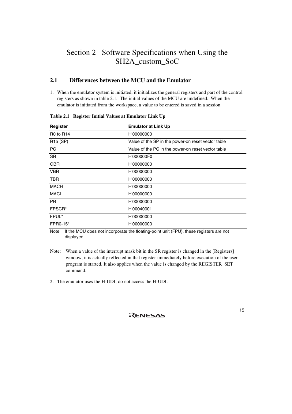 1 differences between the mcu and the emulator | Renesas SuperH HS0720KCU01HE User Manual | Page 21 / 54