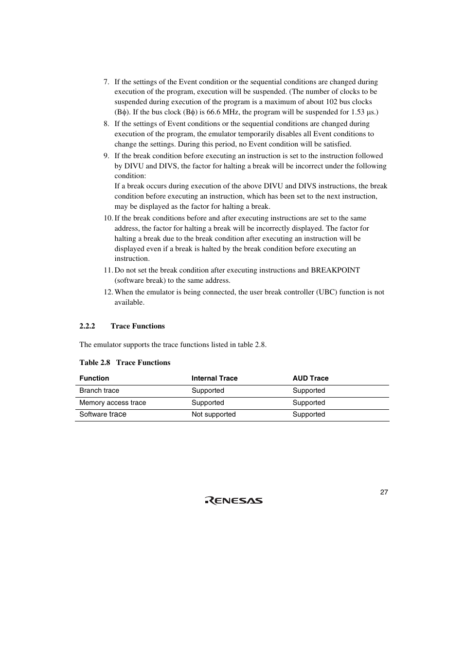 2 trace functions | Renesas SuperH HS0720KCU01HE User Manual | Page 33 / 54