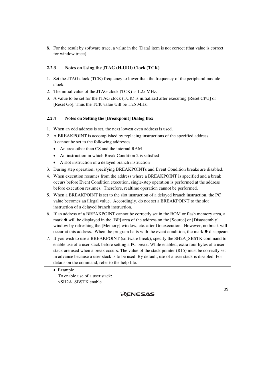 3 notes on using the jtag (h-udi) clock (tck), 4 notes on setting the [breakpoint] dialog box | Renesas SuperH HS0720KCU01HE User Manual | Page 45 / 54