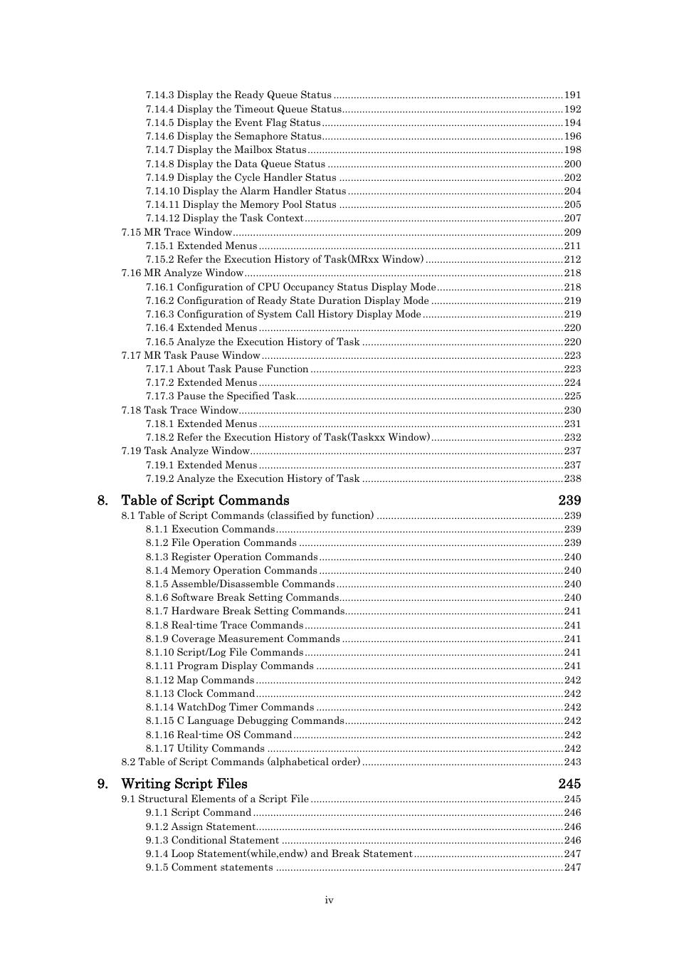 Table of script commands 239, Writing script files 245 | Renesas Emulator Debugger M16C PC4701 User Manual | Page 10 / 296
