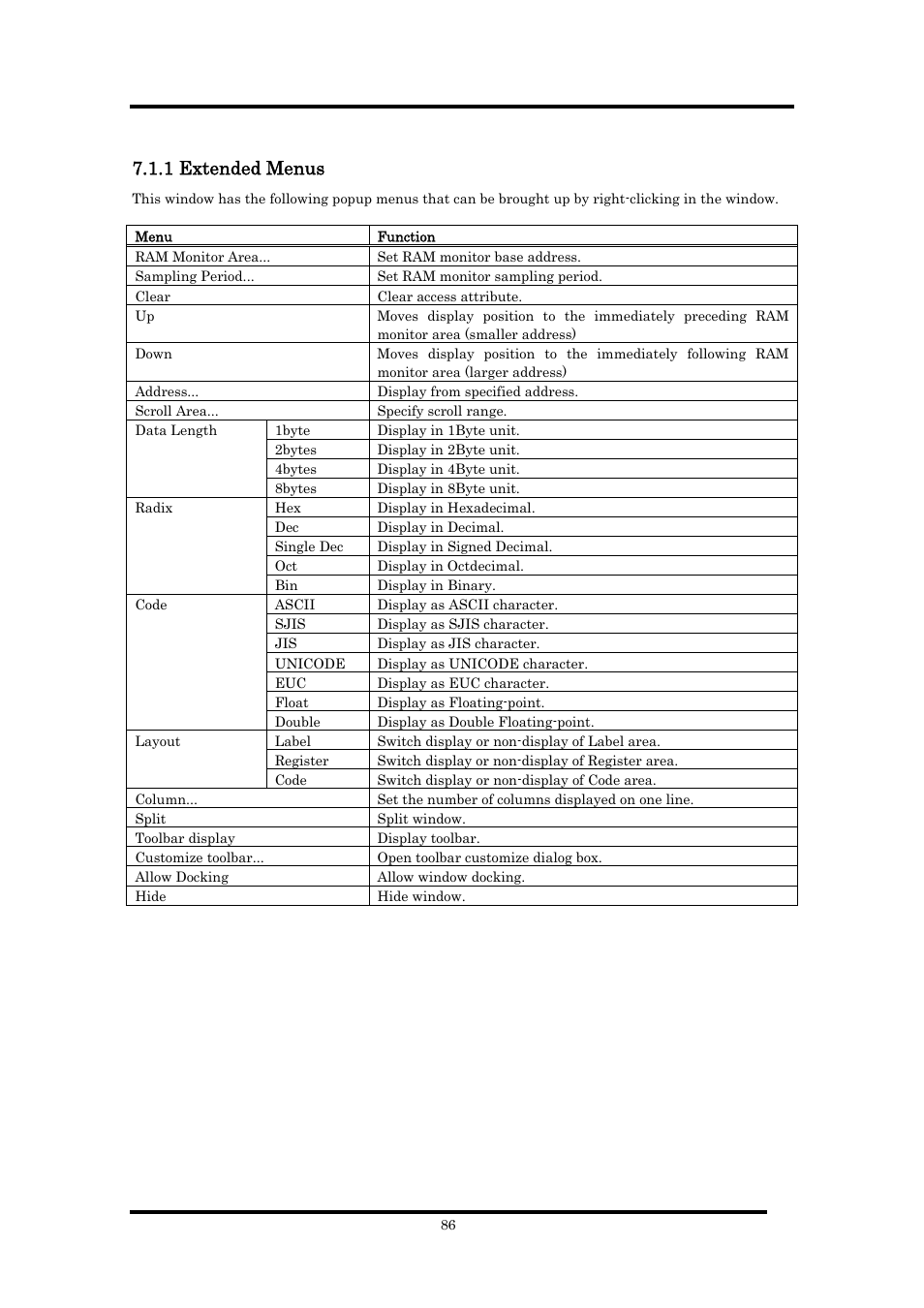 1 extended menus | Renesas Emulator Debugger M16C PC4701 User Manual | Page 100 / 296