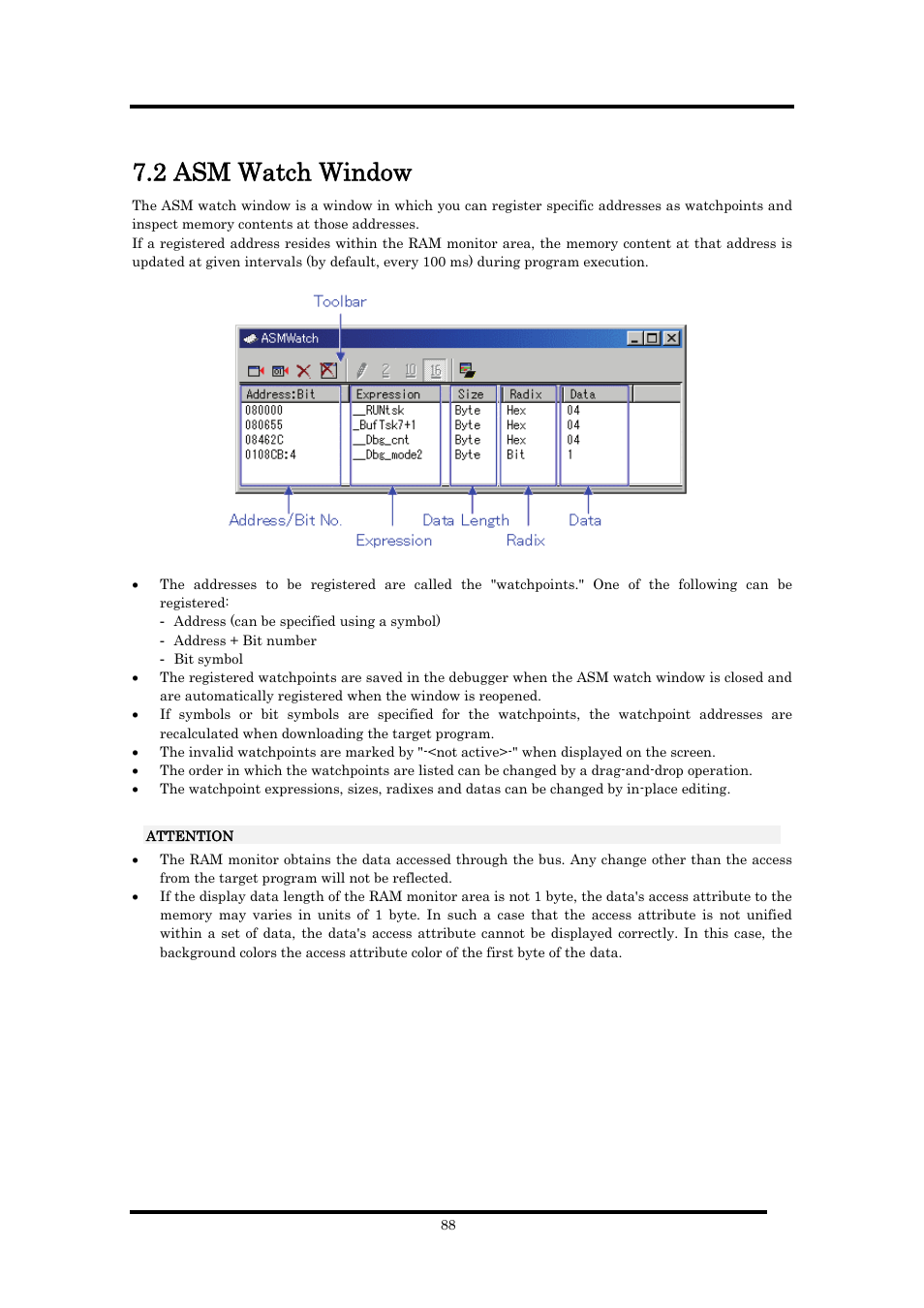2 asm watch window | Renesas Emulator Debugger M16C PC4701 User Manual | Page 102 / 296