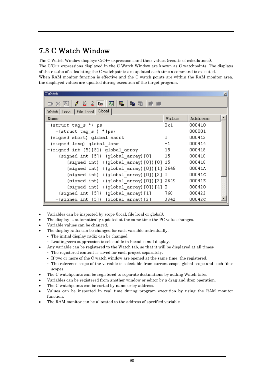 3 c watch window | Renesas Emulator Debugger M16C PC4701 User Manual | Page 104 / 296