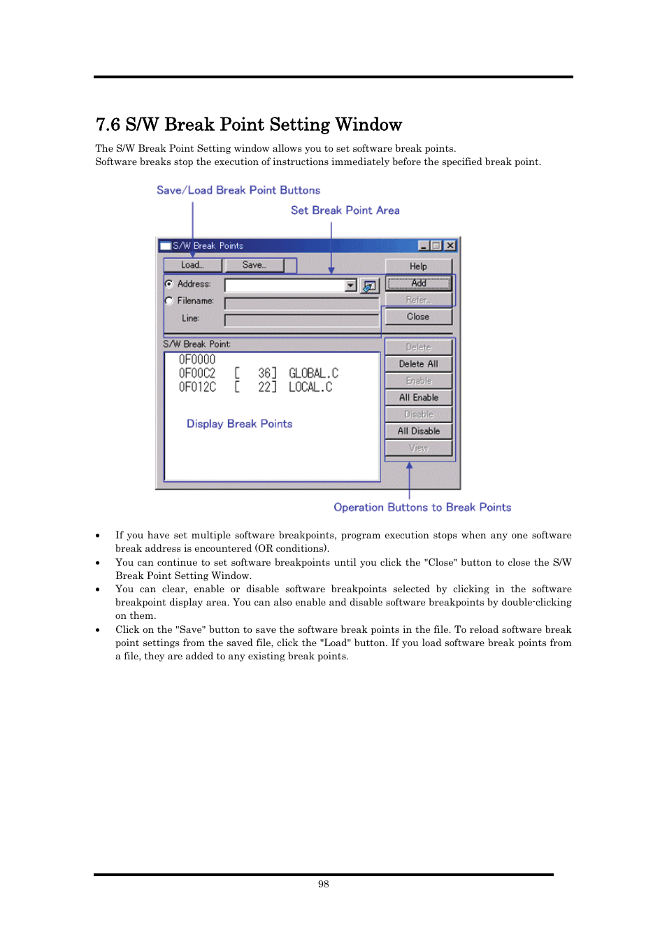 6 s/w break point setting window | Renesas Emulator Debugger M16C PC4701 User Manual | Page 112 / 296