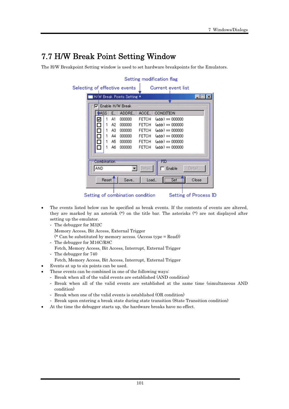 7 h/w break point setting window | Renesas Emulator Debugger M16C PC4701 User Manual | Page 115 / 296