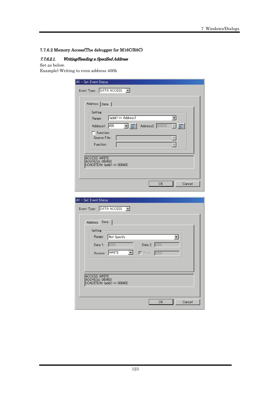 2 memory access(the debugger for m16c/r8c), Writing/reading a specified address | Renesas Emulator Debugger M16C PC4701 User Manual | Page 137 / 296