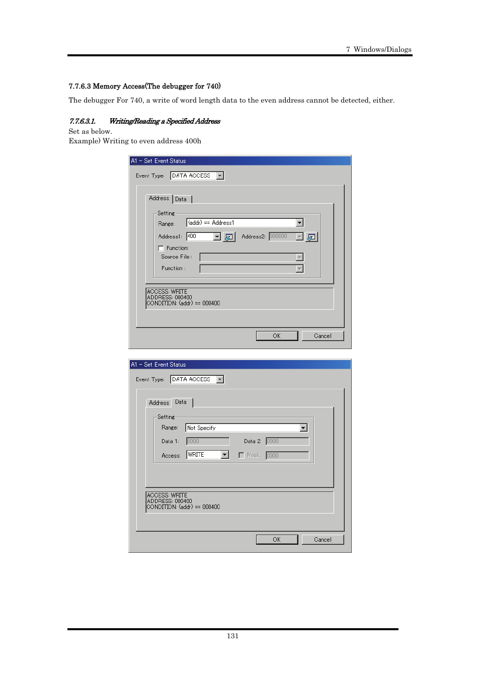 3 memory access(the debugger for 740), Writing/reading a specified address | Renesas Emulator Debugger M16C PC4701 User Manual | Page 145 / 296