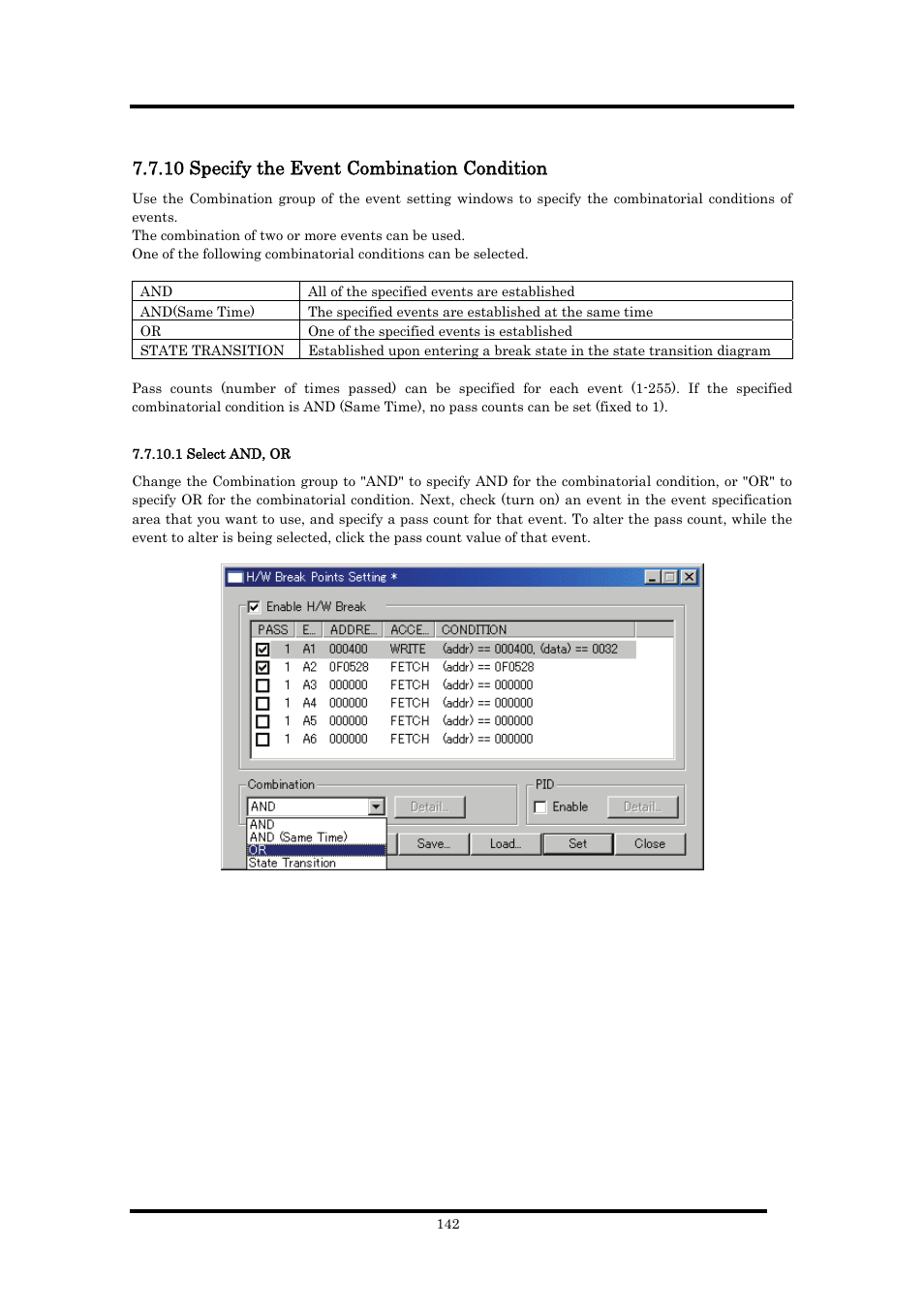 10 specify the event combination condition, 1 select and, or | Renesas Emulator Debugger M16C PC4701 User Manual | Page 156 / 296