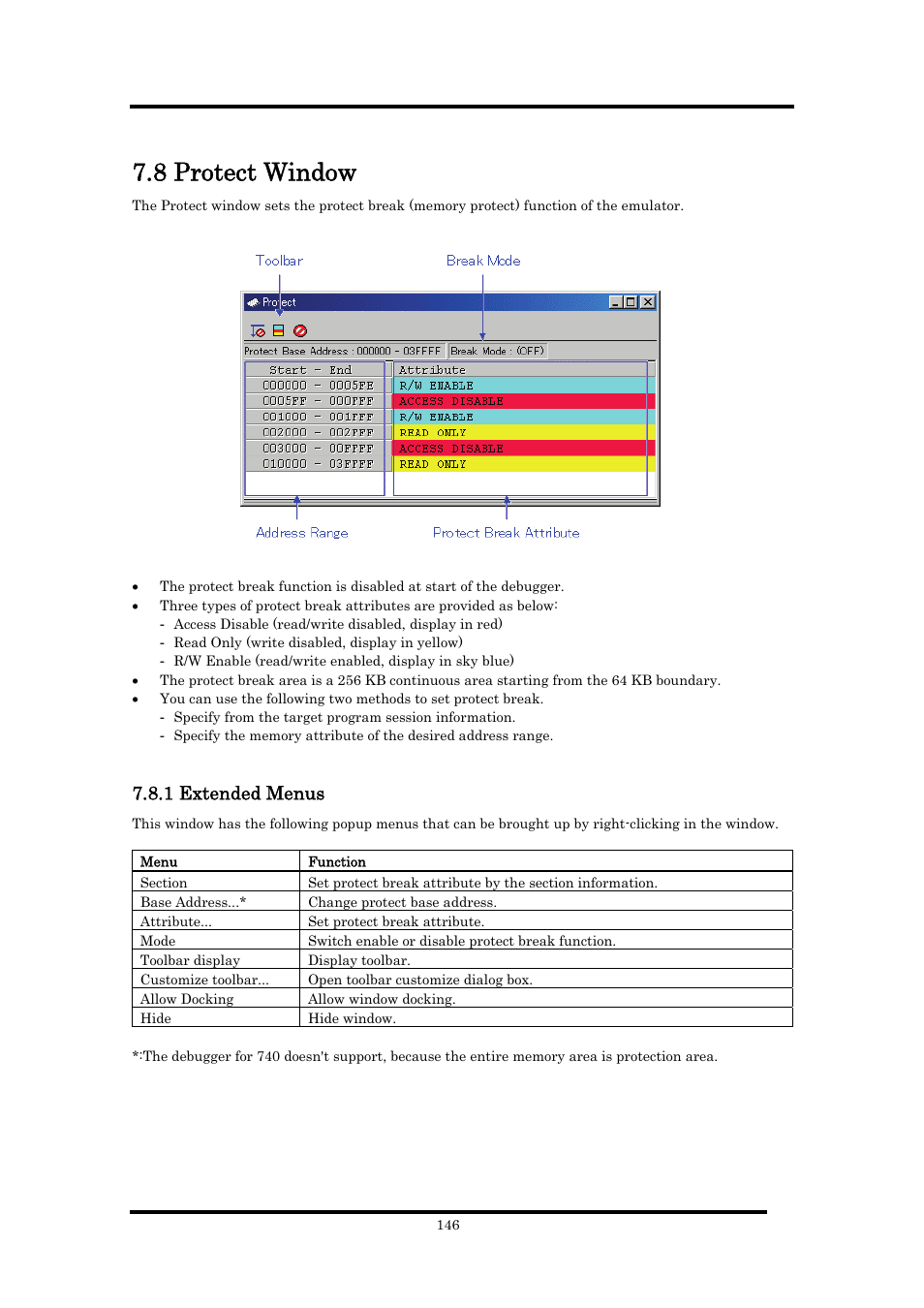 8 protect window, 1 extended menus | Renesas Emulator Debugger M16C PC4701 User Manual | Page 160 / 296