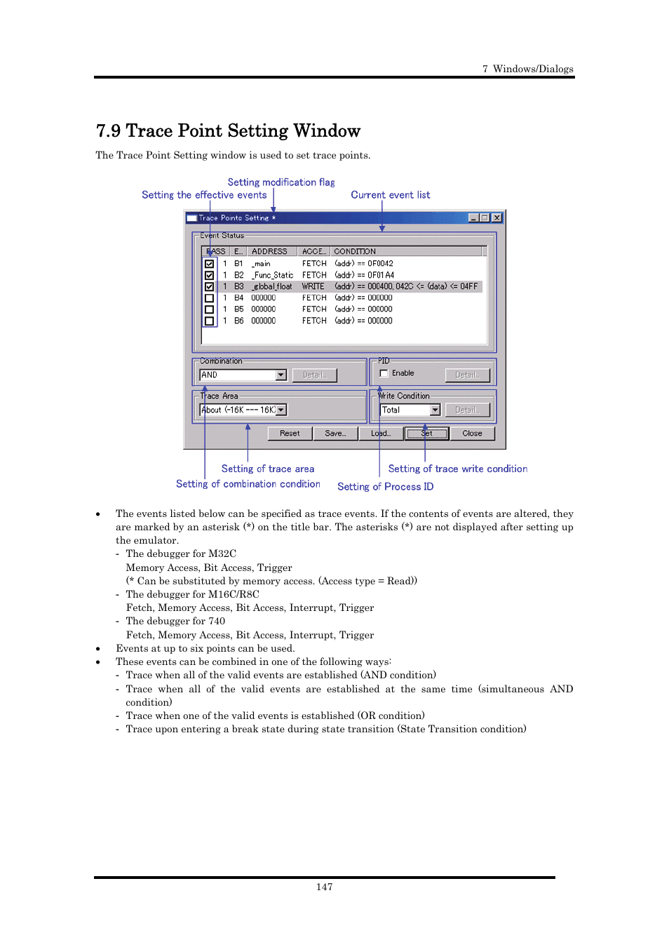 9 trace point setting window | Renesas Emulator Debugger M16C PC4701 User Manual | Page 161 / 296
