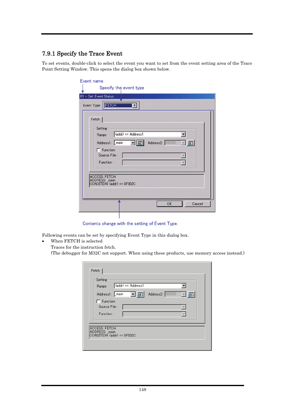 1 specify the trace event | Renesas Emulator Debugger M16C PC4701 User Manual | Page 162 / 296