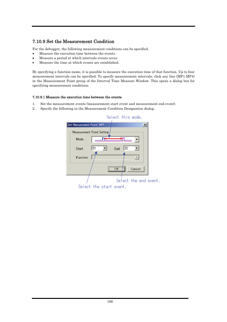 9 set the measurement condition, 1 measure the execution time between the events | Renesas Emulator Debugger M16C PC4701 User Manual | Page 180 / 296