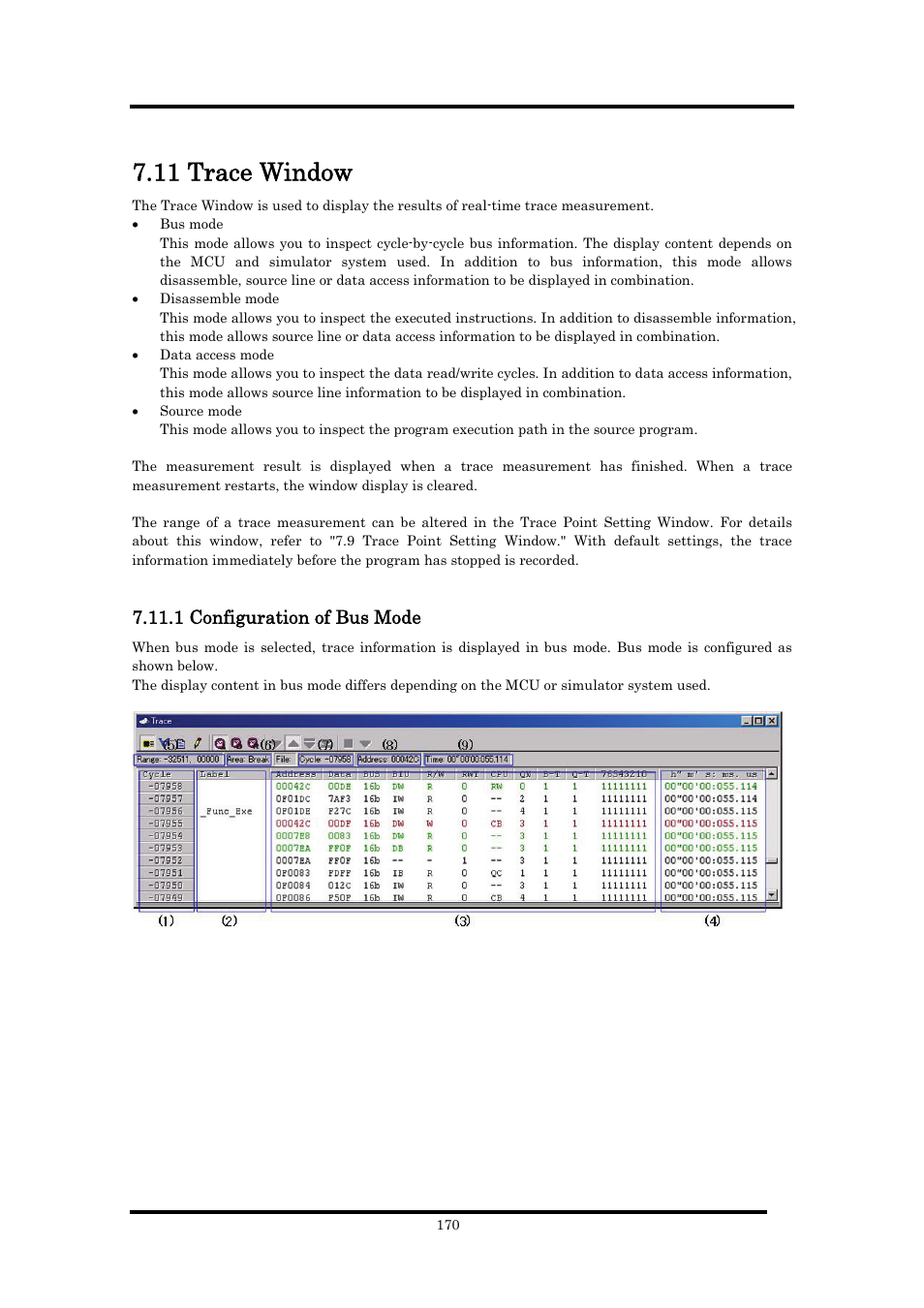 11 trace window, 1 configuration of bus mode | Renesas Emulator Debugger M16C PC4701 User Manual | Page 184 / 296