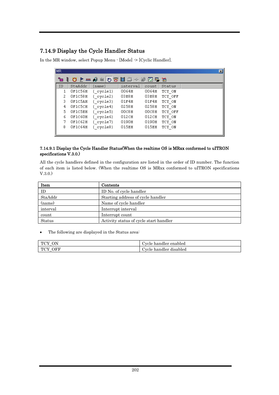 9 display the cycle handler status | Renesas Emulator Debugger M16C PC4701 User Manual | Page 216 / 296