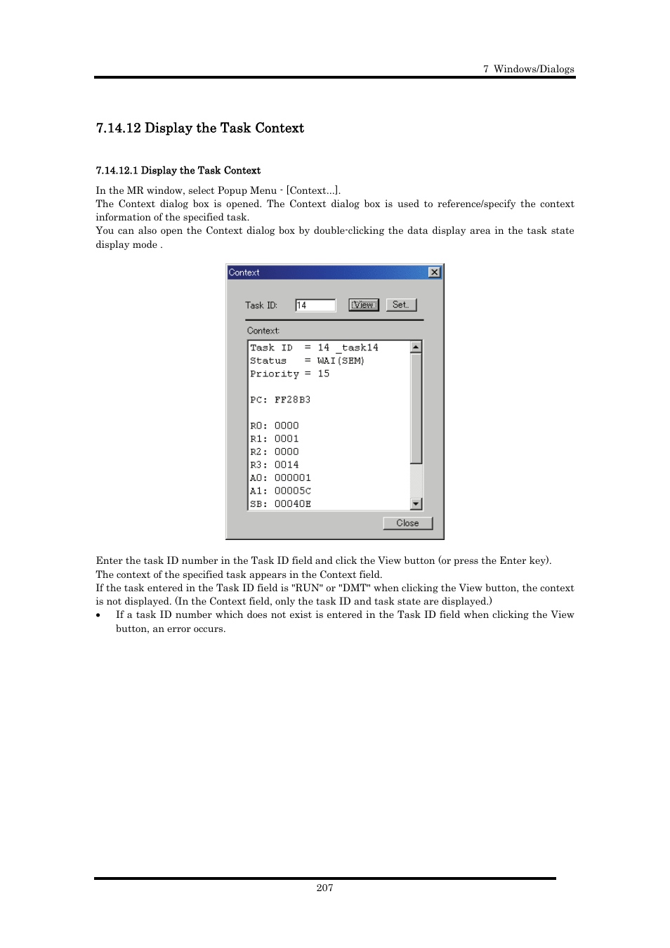 12 display the task context, 1 display the task context | Renesas Emulator Debugger M16C PC4701 User Manual | Page 221 / 296