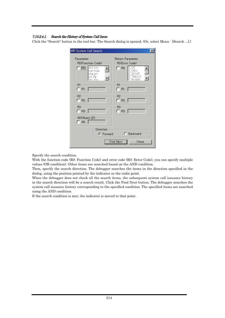 Search the history of system call issue | Renesas Emulator Debugger M16C PC4701 User Manual | Page 228 / 296