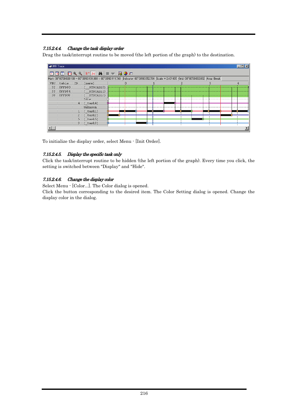 Change the task display order, Display the specific task only, Change the display color | Renesas Emulator Debugger M16C PC4701 User Manual | Page 230 / 296