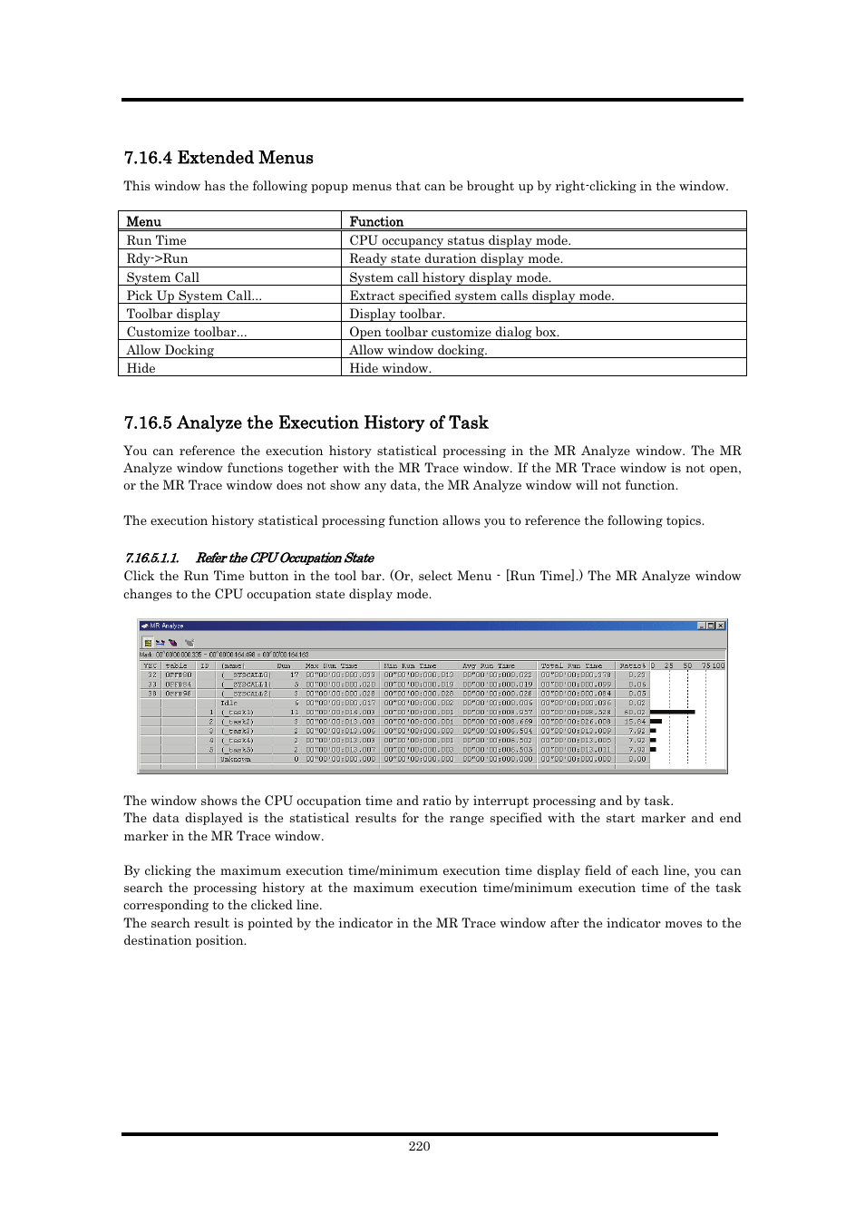 4 extended menus, 5 analyze the execution history of task, Refer the cpu occupation state | Renesas Emulator Debugger M16C PC4701 User Manual | Page 234 / 296