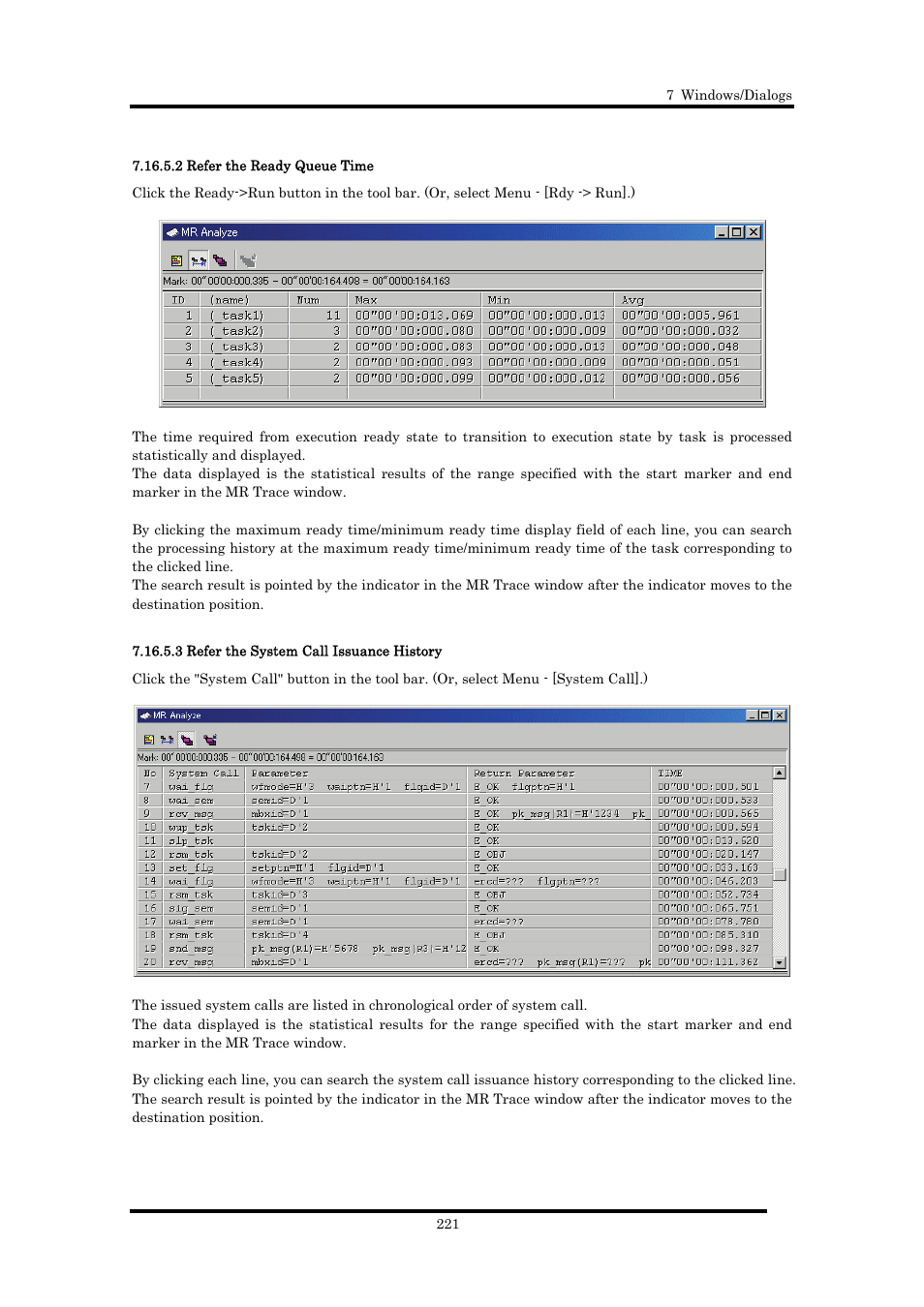 2 refer the ready queue time, 3 refer the system call issuance history | Renesas Emulator Debugger M16C PC4701 User Manual | Page 235 / 296
