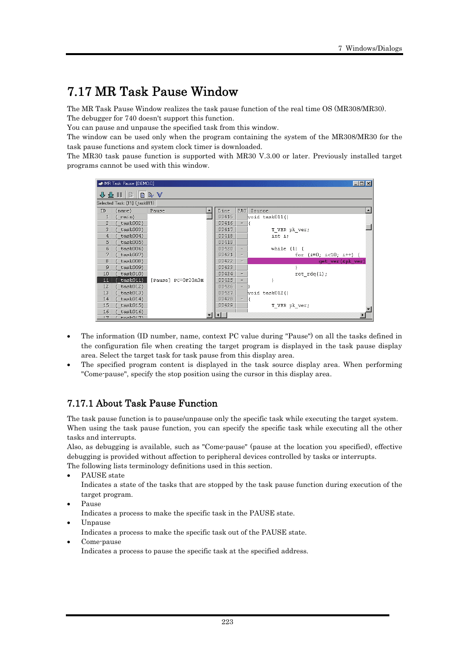 17 mr task pause window, 1 about task pause function | Renesas Emulator Debugger M16C PC4701 User Manual | Page 237 / 296