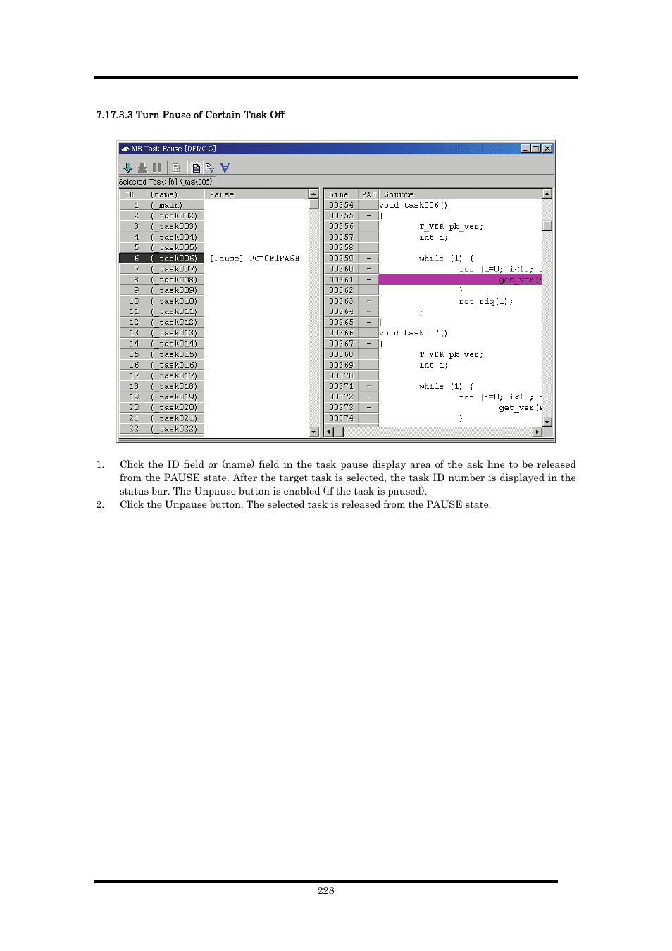 3 turn pause of certain task off | Renesas Emulator Debugger M16C PC4701 User Manual | Page 242 / 296