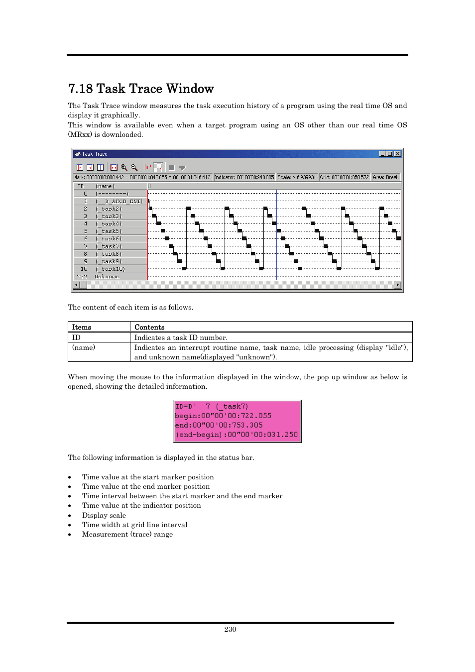 18 task trace window | Renesas Emulator Debugger M16C PC4701 User Manual | Page 244 / 296