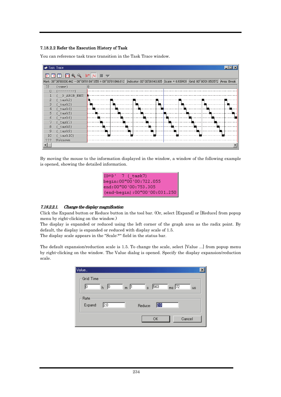 2 refer the execution history of task, Change the display magnification | Renesas Emulator Debugger M16C PC4701 User Manual | Page 248 / 296
