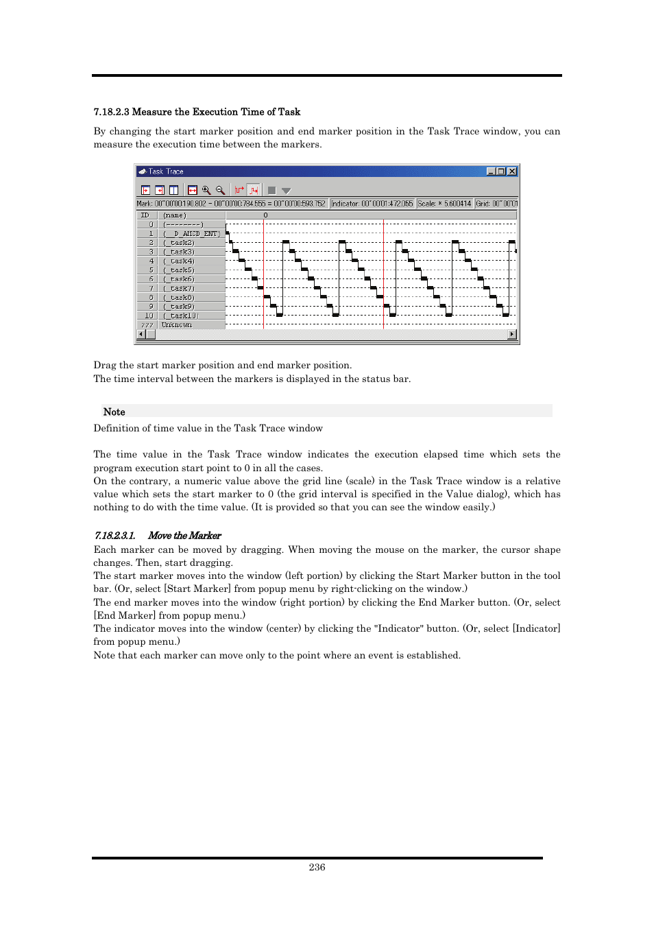 3 measure the execution time of task, Move the marker | Renesas Emulator Debugger M16C PC4701 User Manual | Page 250 / 296