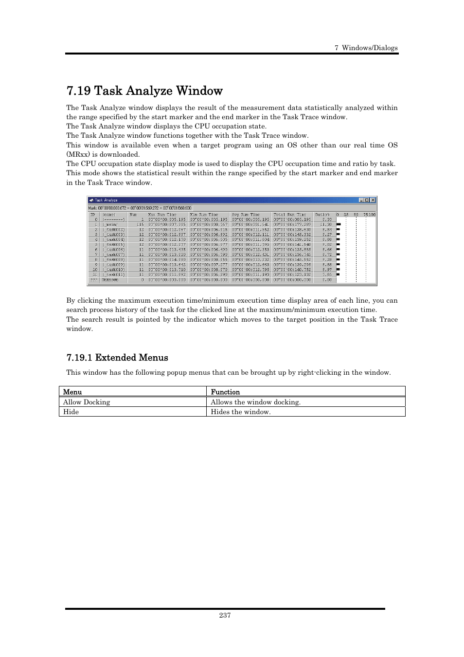 19 task analyze window, 1 extended menus | Renesas Emulator Debugger M16C PC4701 User Manual | Page 251 / 296