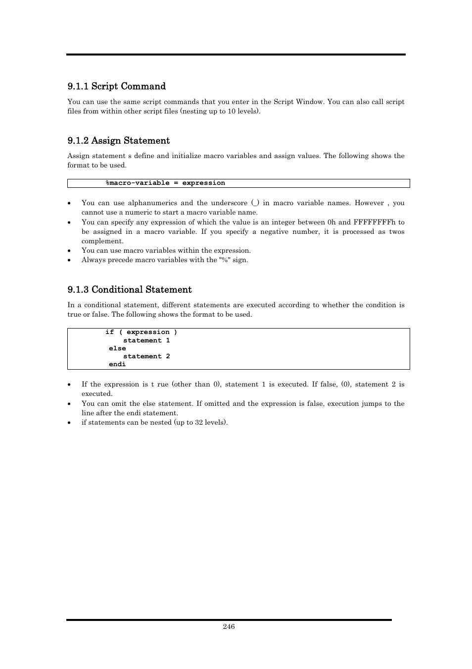 1 script command, 2 assign statement, 3 conditional statement | Renesas Emulator Debugger M16C PC4701 User Manual | Page 260 / 296